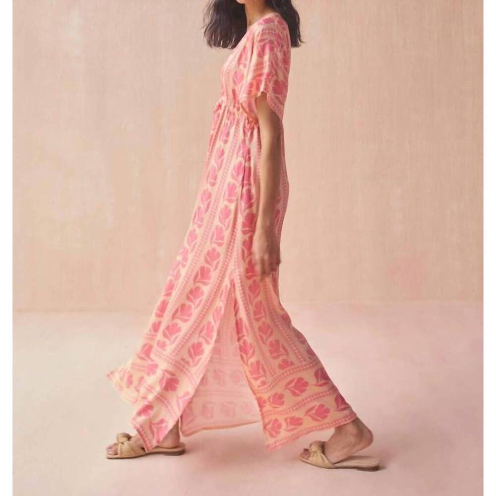 Pink Floral V-Neck Maxi Dress with Drawstring Waist - Picture 3 of 3